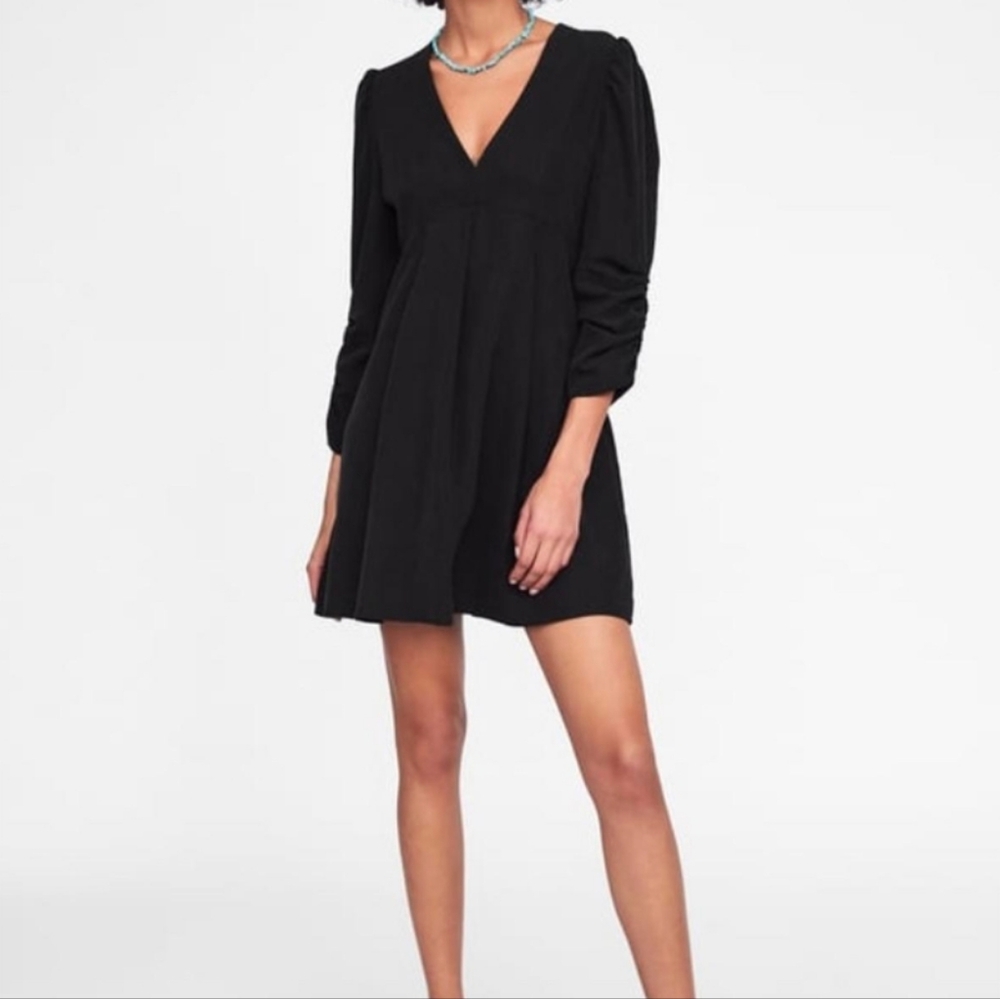 Zara Black Long Tie Sleeve Dress Womens Size Medium A-Line Vneck Pleated Lyocell